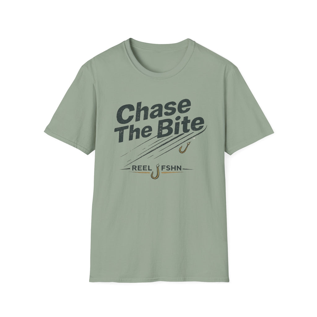 Sage green Comfort Colors t-shirt with "Chase The Bite" text and fishing hook graphic.