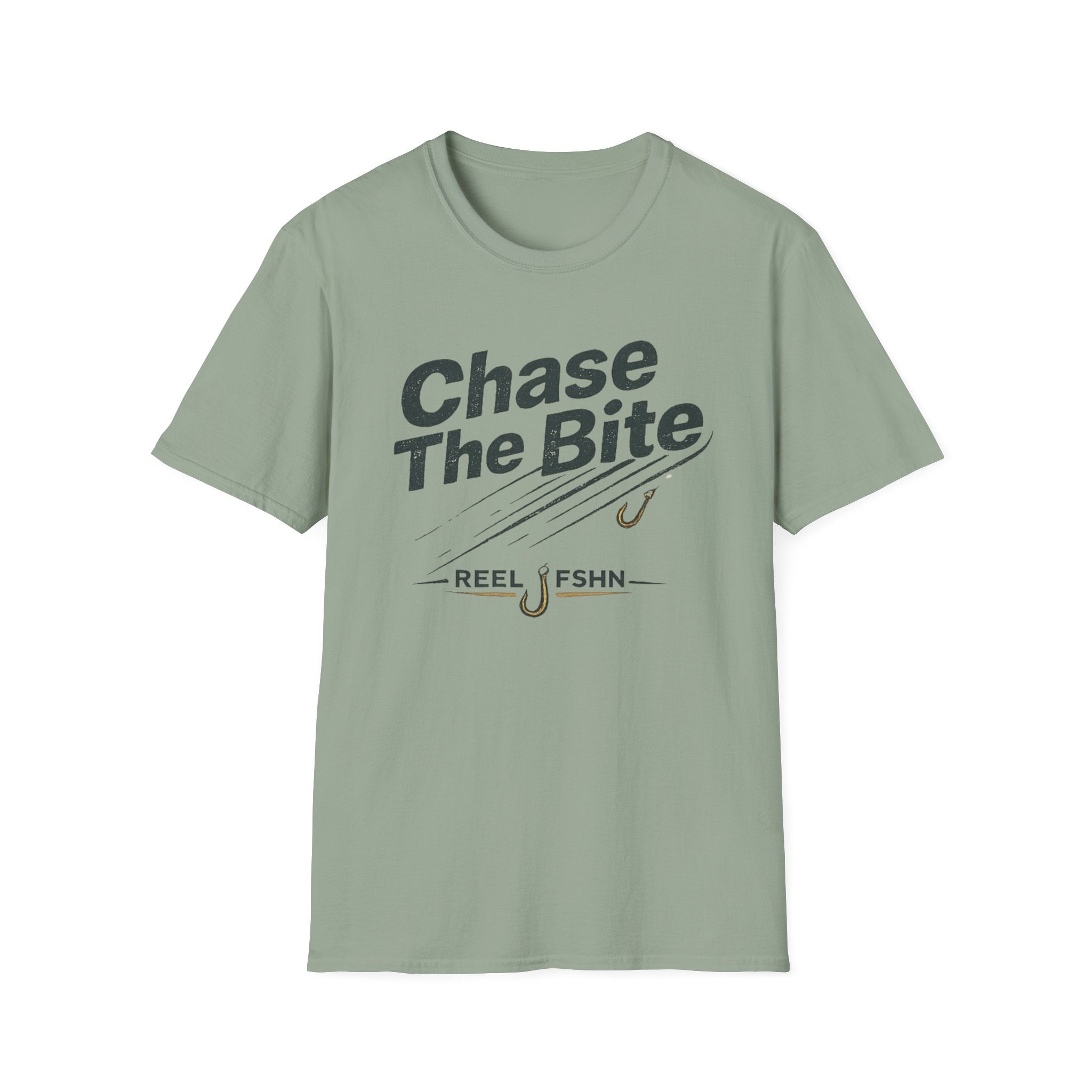 Sage green Comfort Colors t-shirt with "Chase The Bite" text and fishing hook graphic.