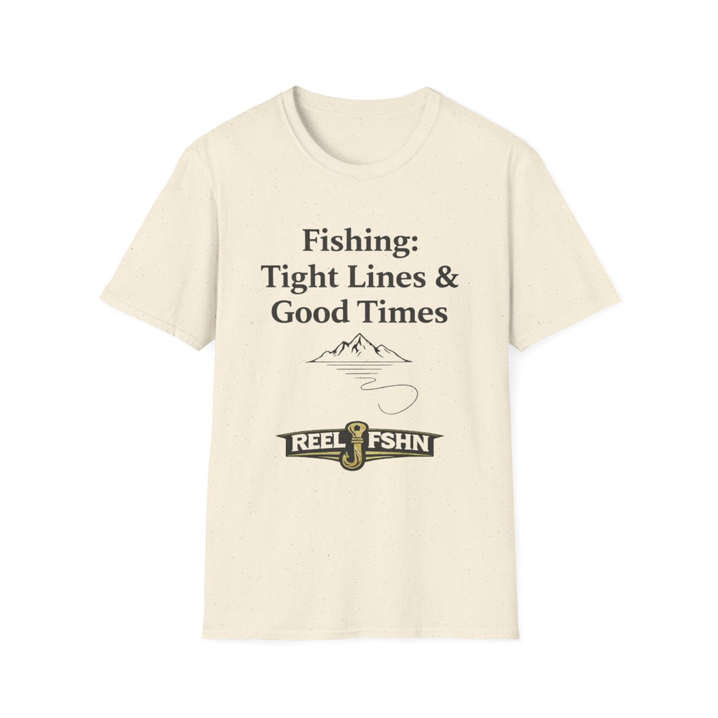 Comfort Colors natural t-shirt with "Fishing: Tight Lines & Good Times" graphic, mountains, and "REEL FSHN" logo.