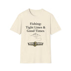 Comfort Colors natural t-shirt with "Fishing: Tight Lines & Good Times" graphic, mountains, and "REEL FSHN" logo.