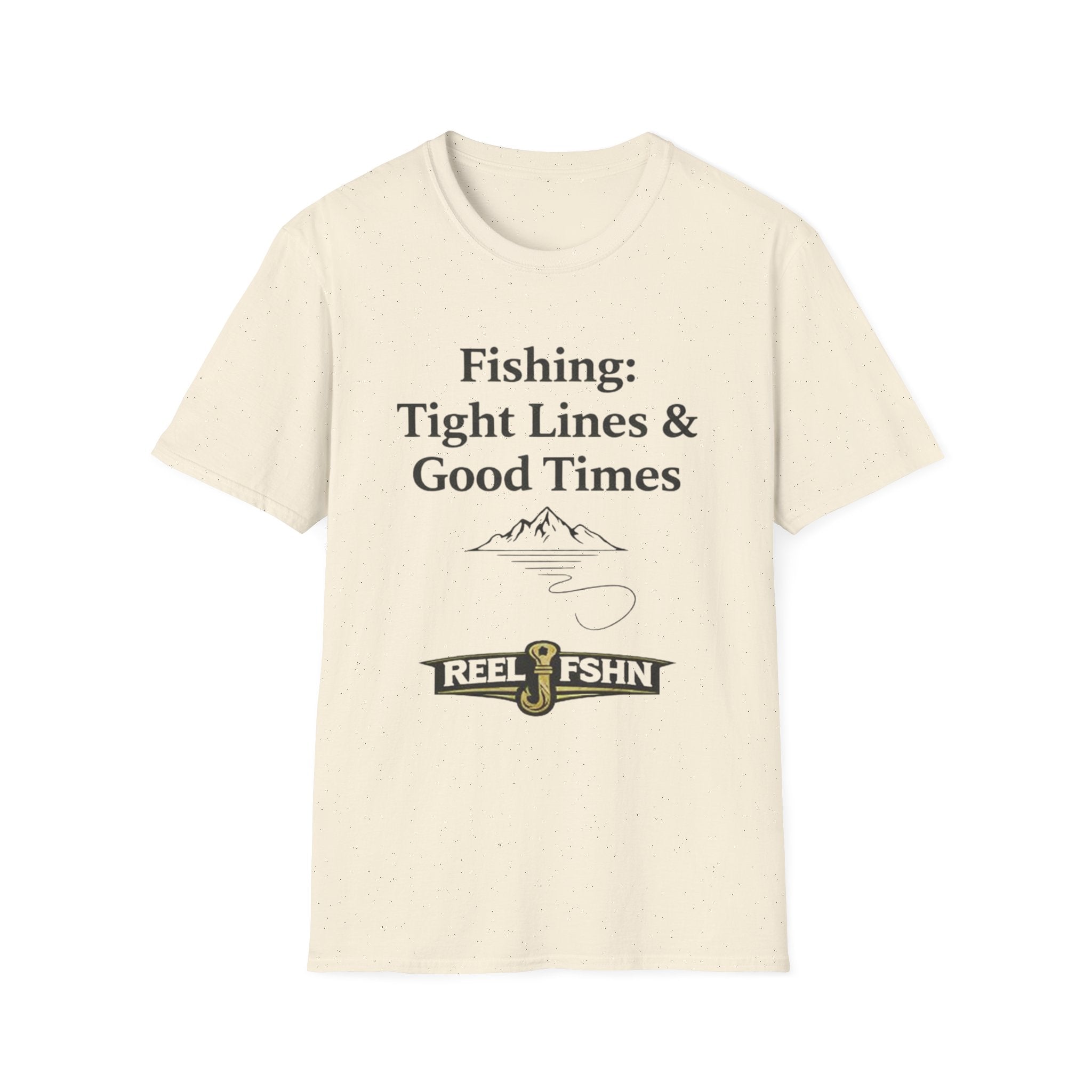 Comfort Colors natural t-shirt with "Fishing: Tight Lines & Good Times" graphic, mountains, and "REEL FSHN" logo.