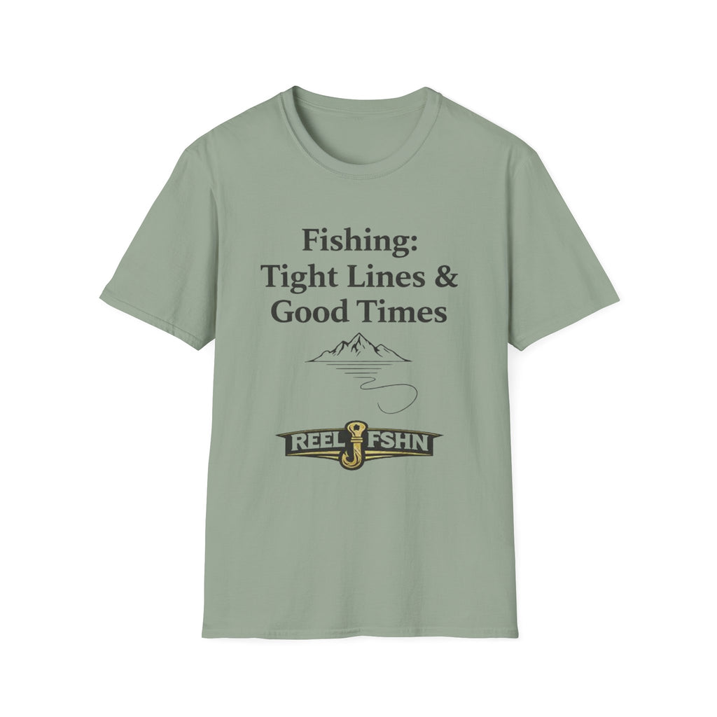 Sage green Comfort Colors cotton t-shirt with "Fishing: Tight Lines & Good Times" text and mountain/fishing hook graphic.