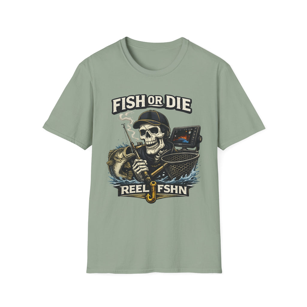 Sage green Comfort Colors t-shirt with a "Fish or Die" skull fishing graphic, rod, net, and fish.