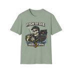Sage green Comfort Colors t-shirt with a "Fish or Die" skull fishing graphic, rod, net, and fish.