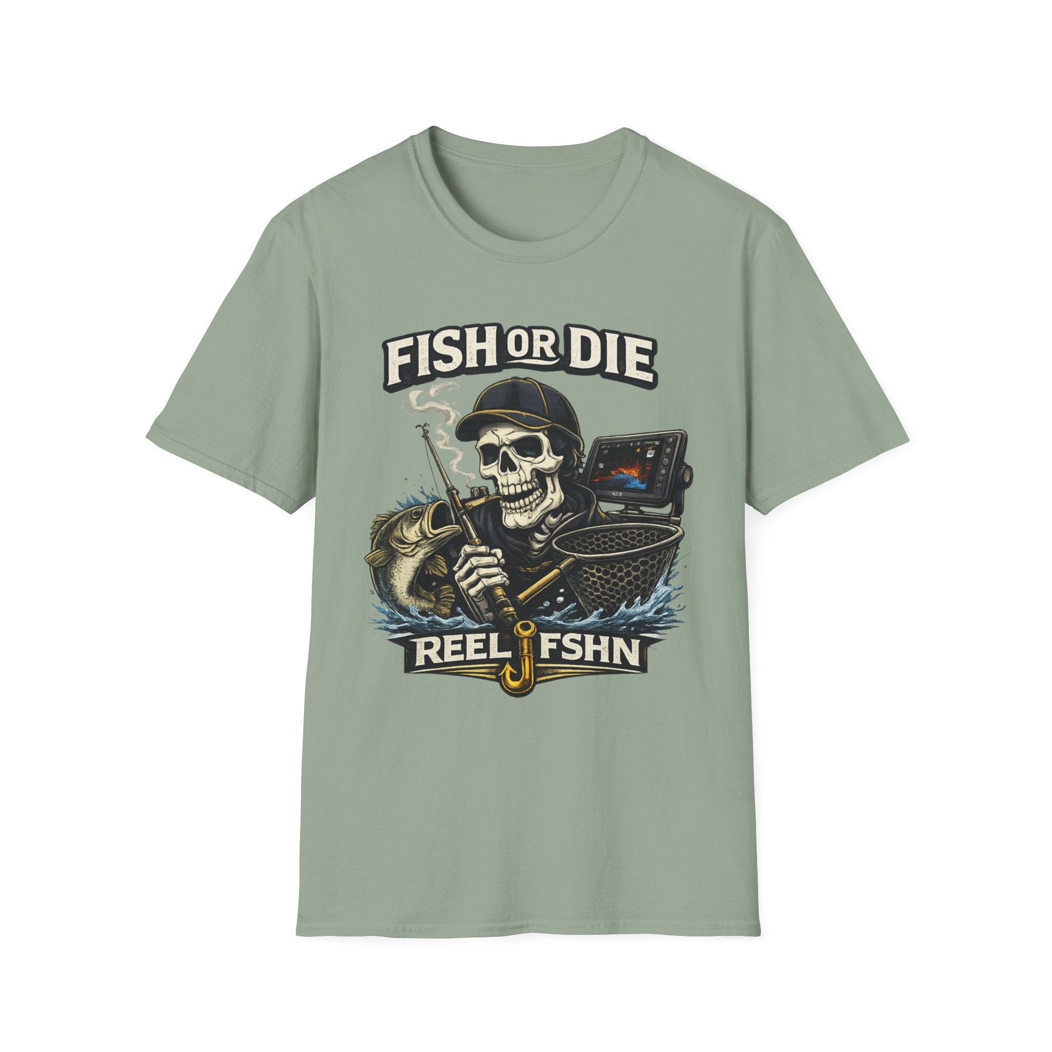 Sage green Comfort Colors t-shirt with a "Fish or Die" skull fishing graphic, rod, net, and fish.