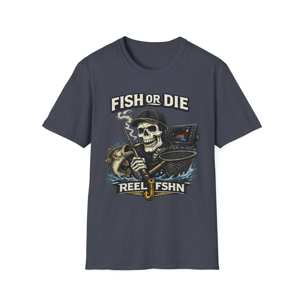 Comfort Colors navy blue t-shirt with a "Fish or Die" skull fishing graphic, holding a rod and net.