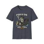 Comfort Colors navy blue t-shirt with a "Fish or Die" skull fishing graphic, holding a rod and net.