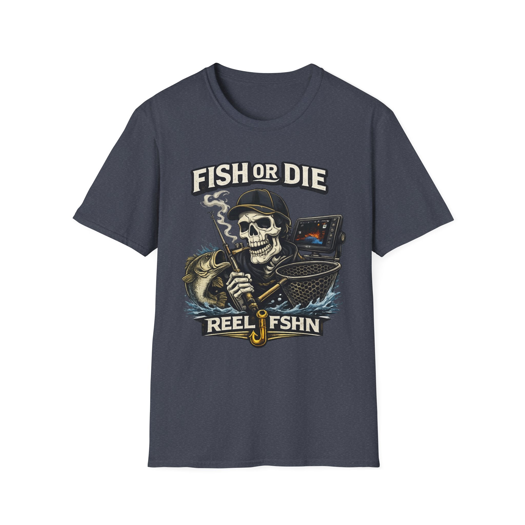 Comfort Colors navy blue t-shirt with a "Fish or Die" skull fishing graphic, holding a rod and net.