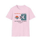 Pink Comfort Colors t-shirt with "Early Mornings > Late Nights" sun and moon graphic.