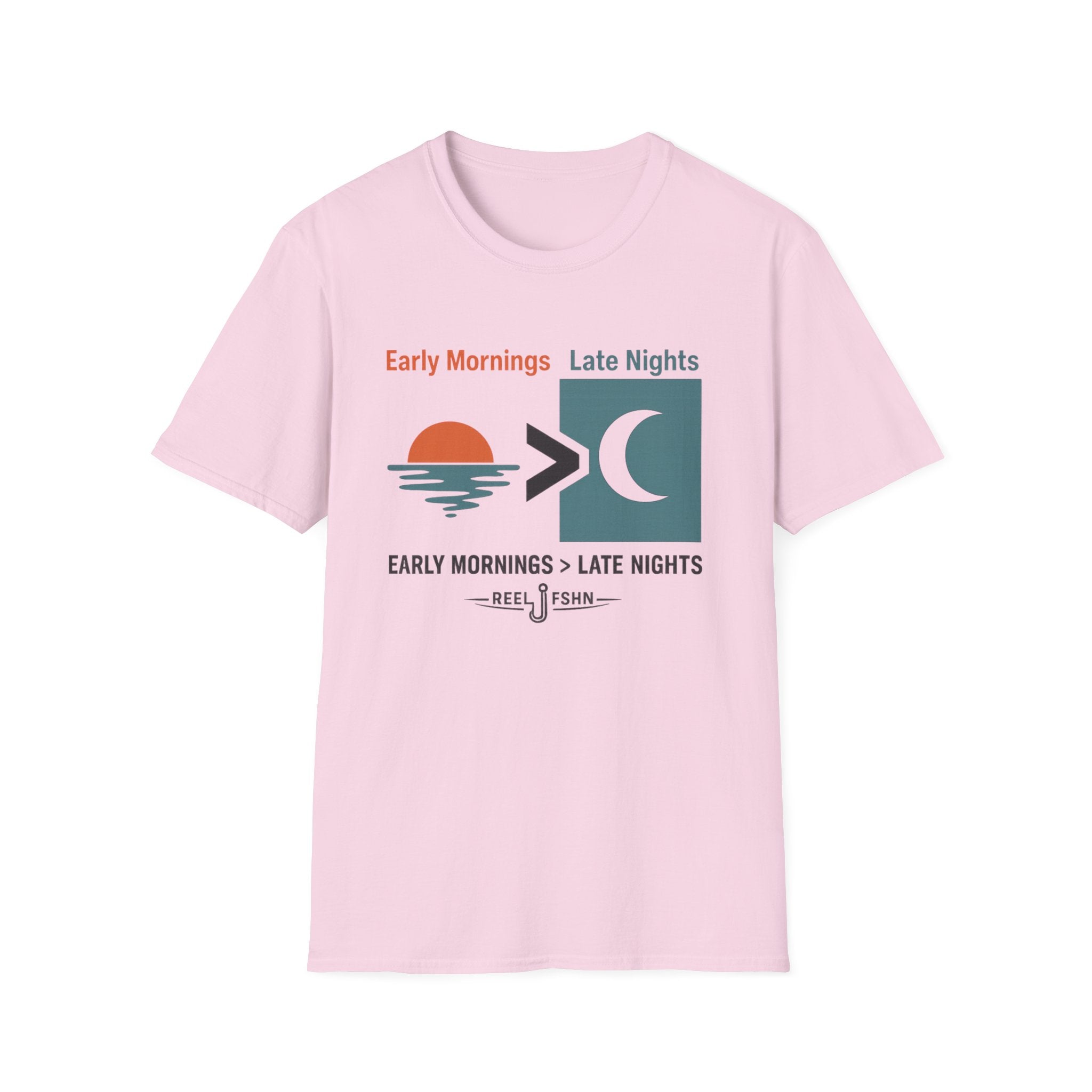 Pink Comfort Colors t-shirt with "Early Mornings > Late Nights" sun and moon graphic.