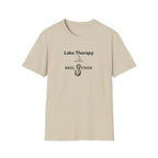 Comfort Colors Lake Therapy T-shirt in sand, featuring a fishing hook and "REEL FSHN" graphic.