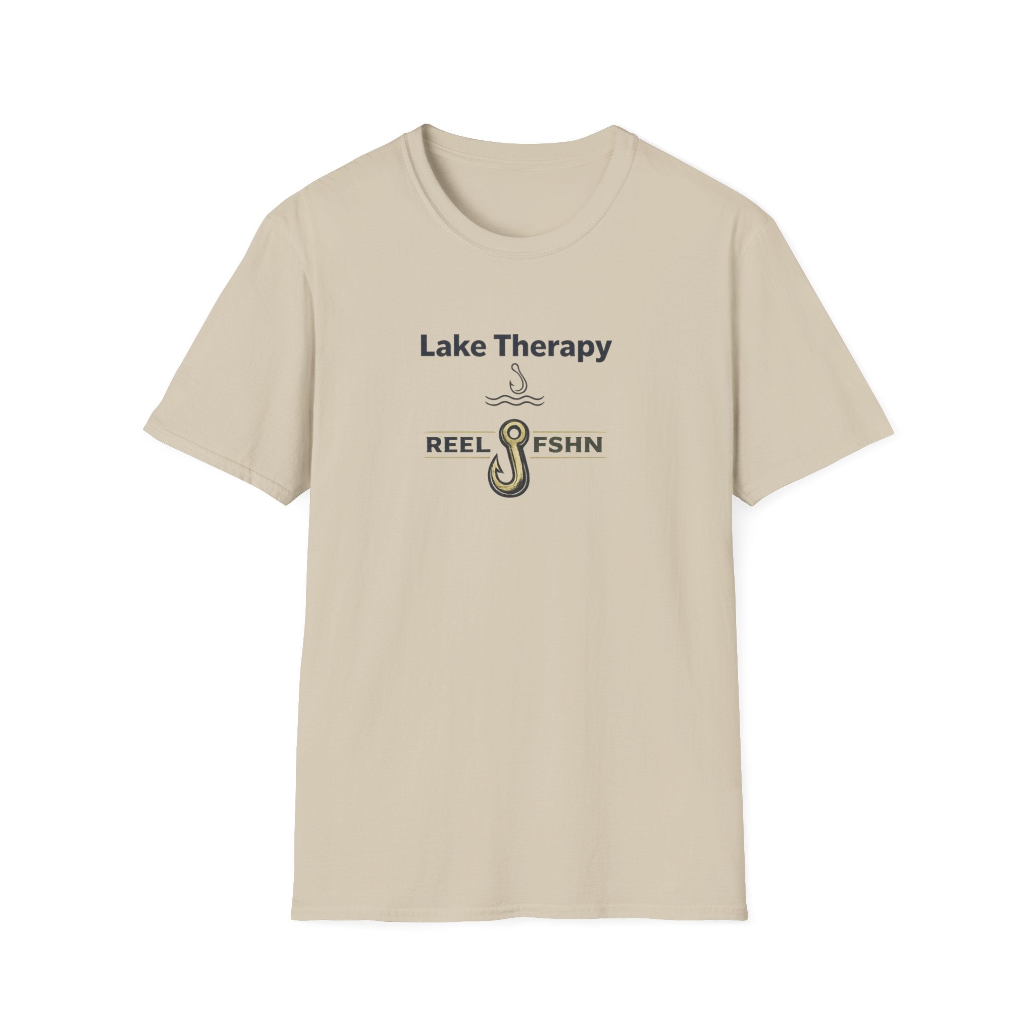 Comfort Colors Lake Therapy T-shirt in sand, featuring a fishing hook and "REEL FSHN" graphic.