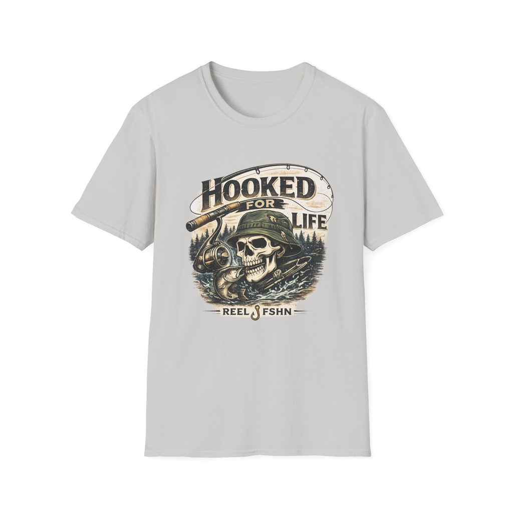 Light grey unisex Comfort Colors t-shirt with a "Hooked For Life" fishing skull graphic and reel.