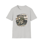 Light grey unisex Comfort Colors t-shirt with a "Hooked For Life" fishing skull graphic and reel.