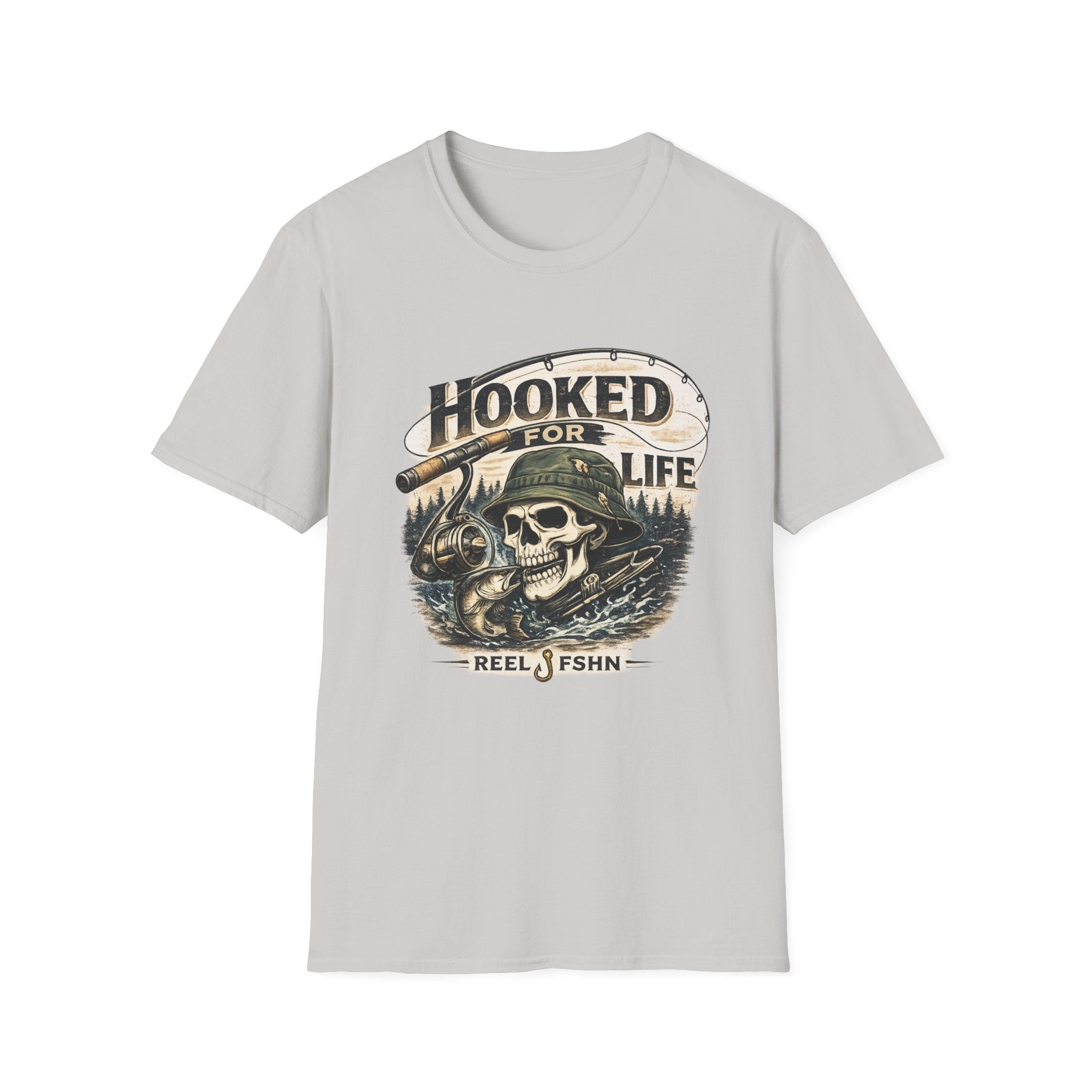 Light grey unisex Comfort Colors t-shirt with a "Hooked For Life" fishing skull graphic and reel.