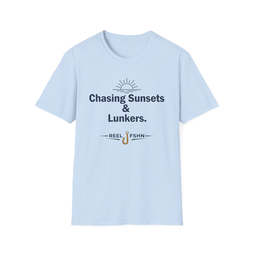 Light blue Comfort Colors unisex t-shirt with "Chasing Sunsets & Lunkers." and "REEL FSHN" fishing hook graphic.
