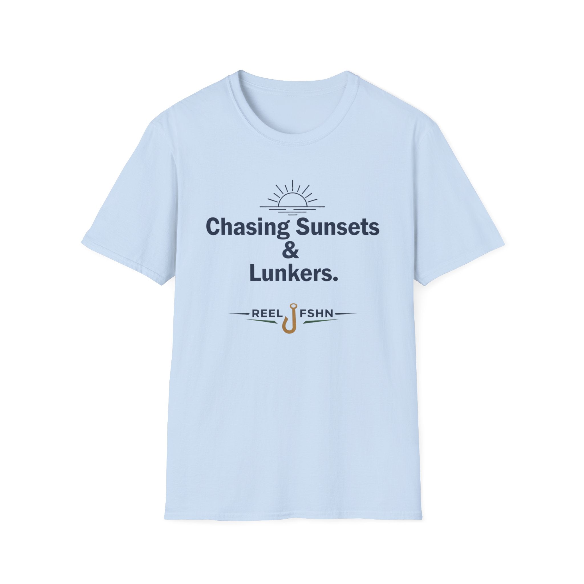 Light blue Comfort Colors unisex t-shirt with "Chasing Sunsets & Lunkers." and "REEL FSHN" fishing hook graphic.