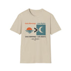 Comfort Colors "Early Mornings > Late Nights" sand t-shirt with fishing-themed graphic.