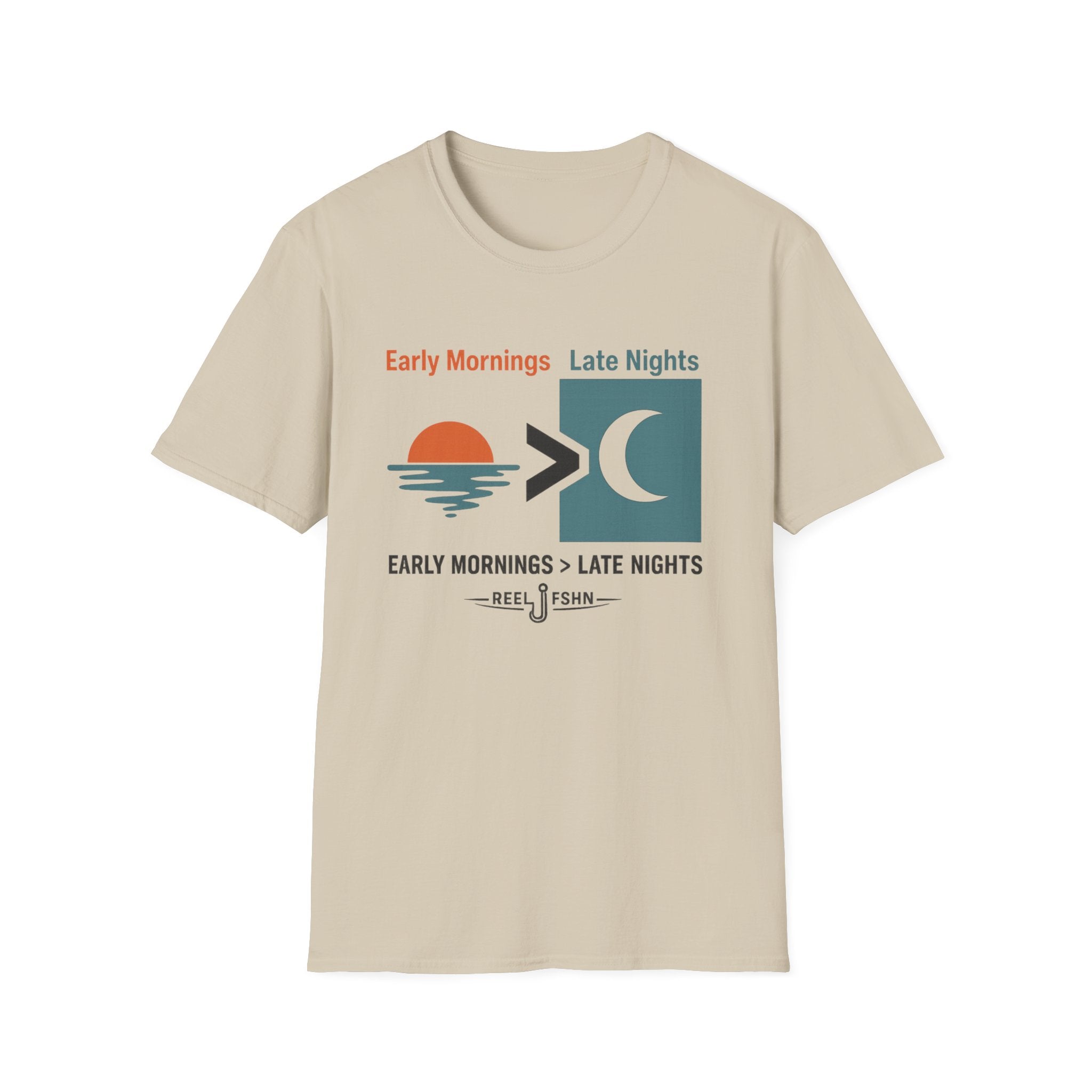 Comfort Colors "Early Mornings > Late Nights" sand t-shirt with fishing-themed graphic.