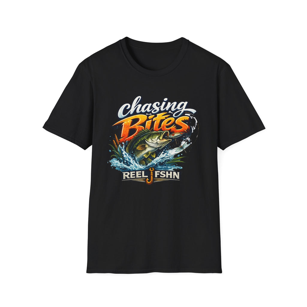 Black Comfort Colors cotton unisex t-shirt with "Chasing Bites" text and a jumping bass graphic.