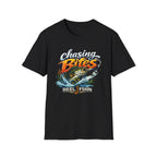 Black Comfort Colors cotton unisex t-shirt with "Chasing Bites" text and a jumping bass graphic.