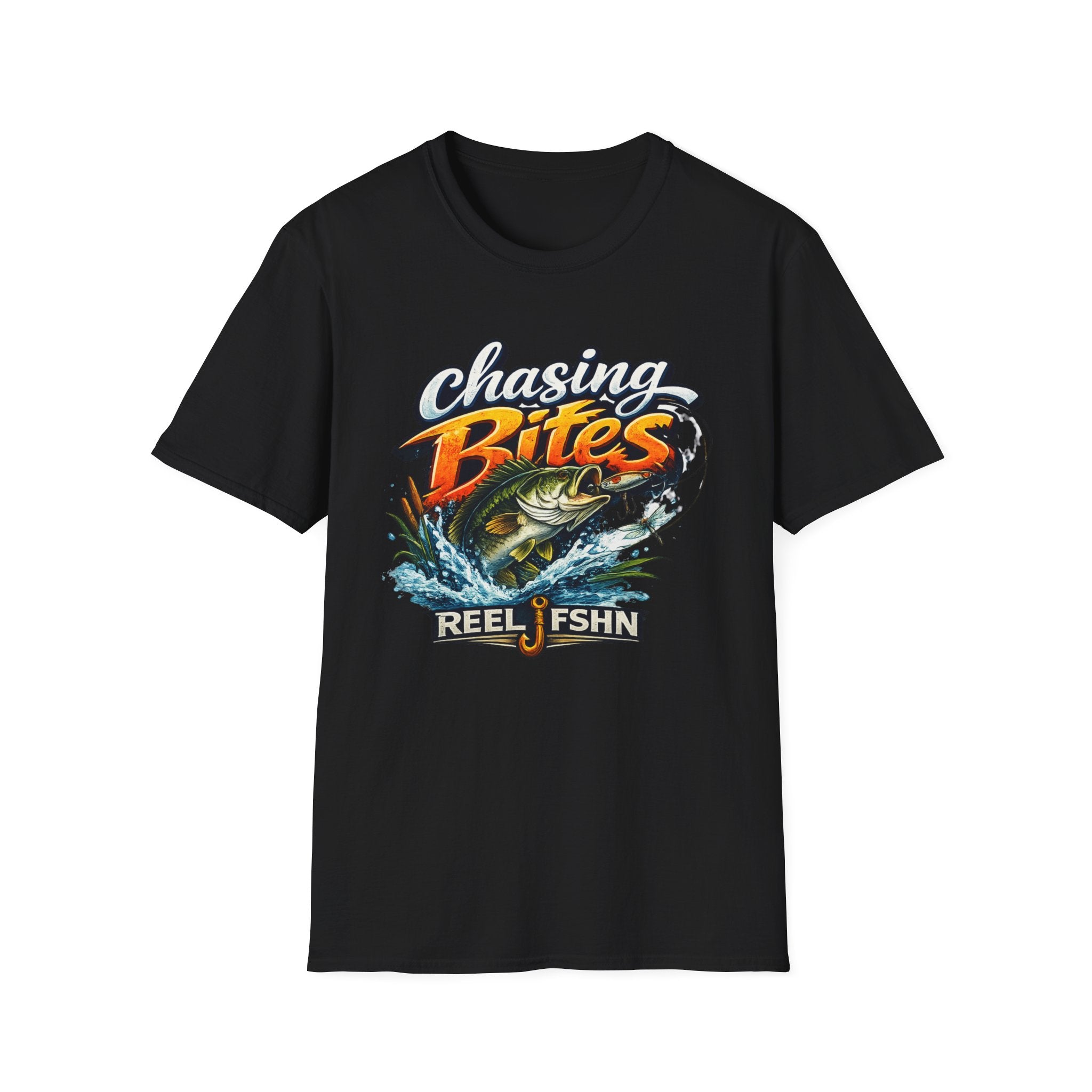 Black Comfort Colors cotton unisex t-shirt with "Chasing Bites" text and a jumping bass graphic.