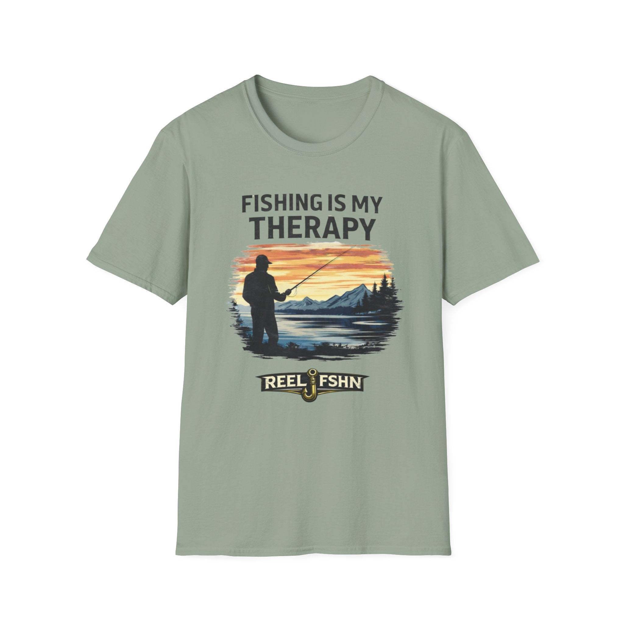 Sage green Comfort Colors unisex t-shirt with "Fishing Is My Therapy" graphic featuring a fisherman at sunset.