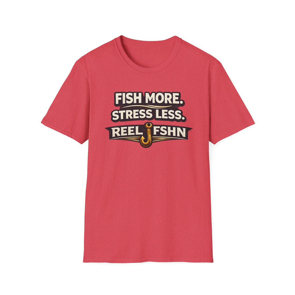 Red Comfort Colors unisex t-shirt with "FISH MORE. STRESS LESS. REEL FSHN" text and a fishing hook graphic.