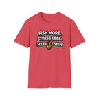Red Comfort Colors unisex t-shirt with "FISH MORE. STRESS LESS. REEL FSHN" text and a fishing hook graphic.