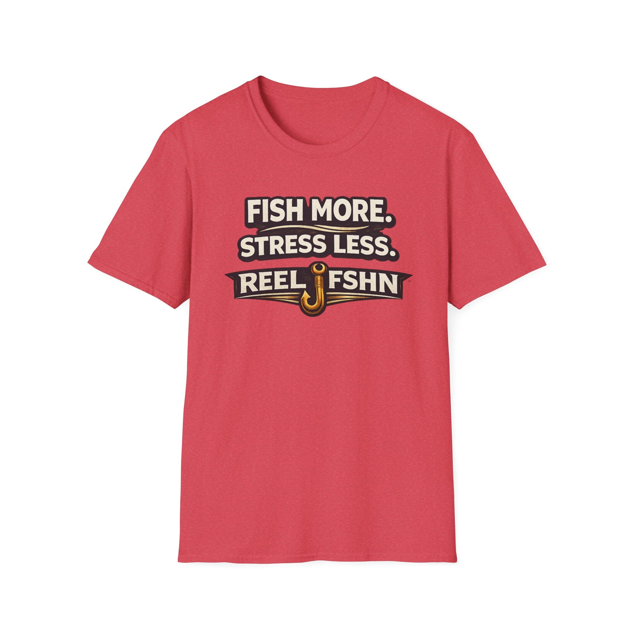 Red Comfort Colors unisex t-shirt with "FISH MORE. STRESS LESS. REEL FSHN" text and a fishing hook graphic.