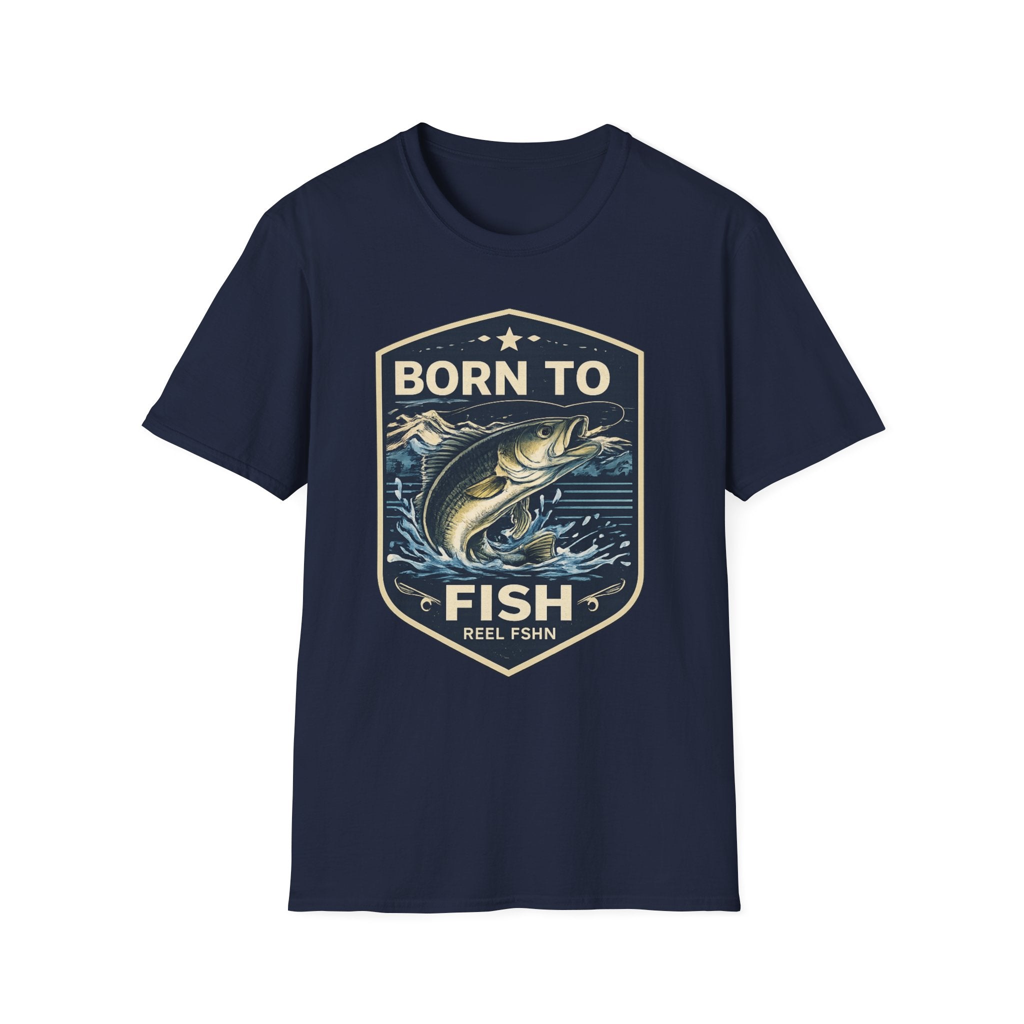 Navy blue Comfort Colors t-shirt with a "Born to Fish" graphic featuring a jumping bass in water.