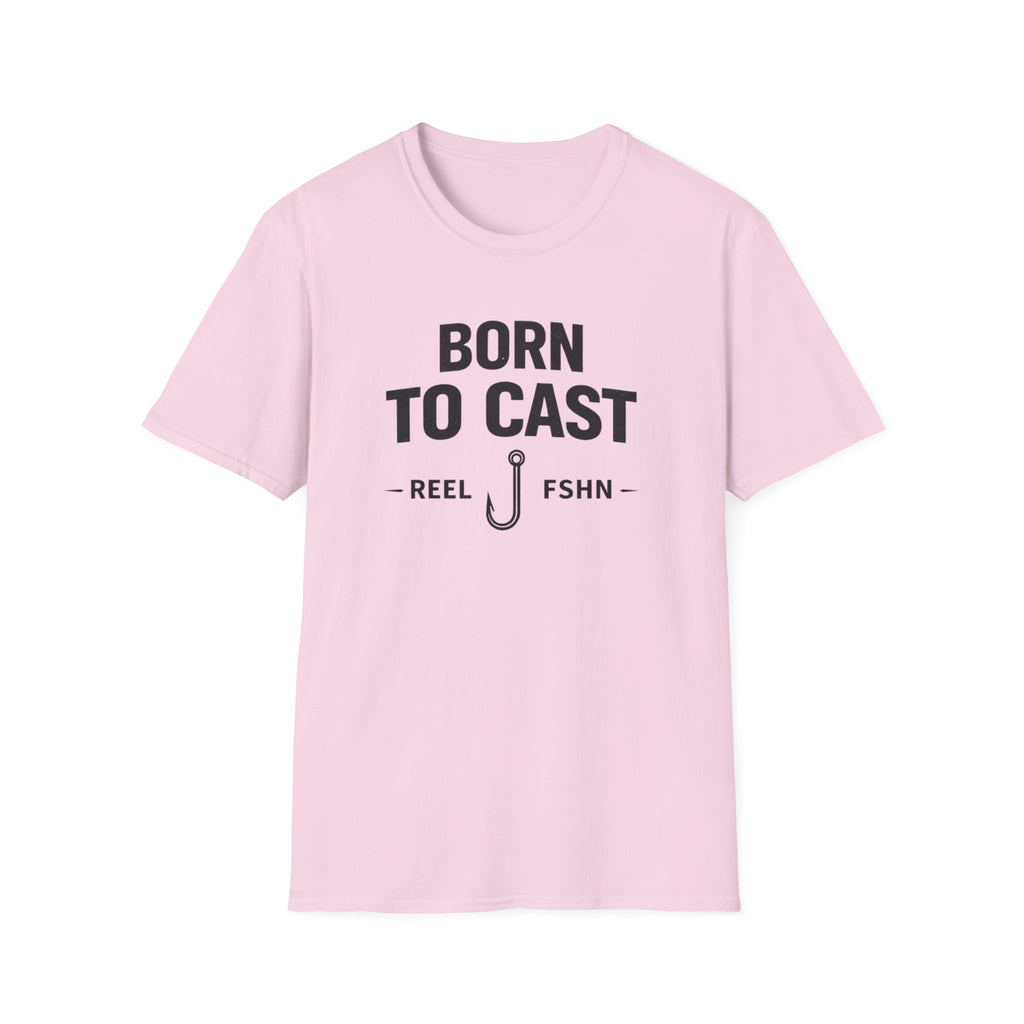 Pink Comfort Colors fishing t-shirt with "BORN TO CAST - REEL J FSHN -" graphic and a fishing hook.