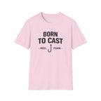 Pink Comfort Colors fishing t-shirt with "BORN TO CAST - REEL J FSHN -" graphic and a fishing hook.