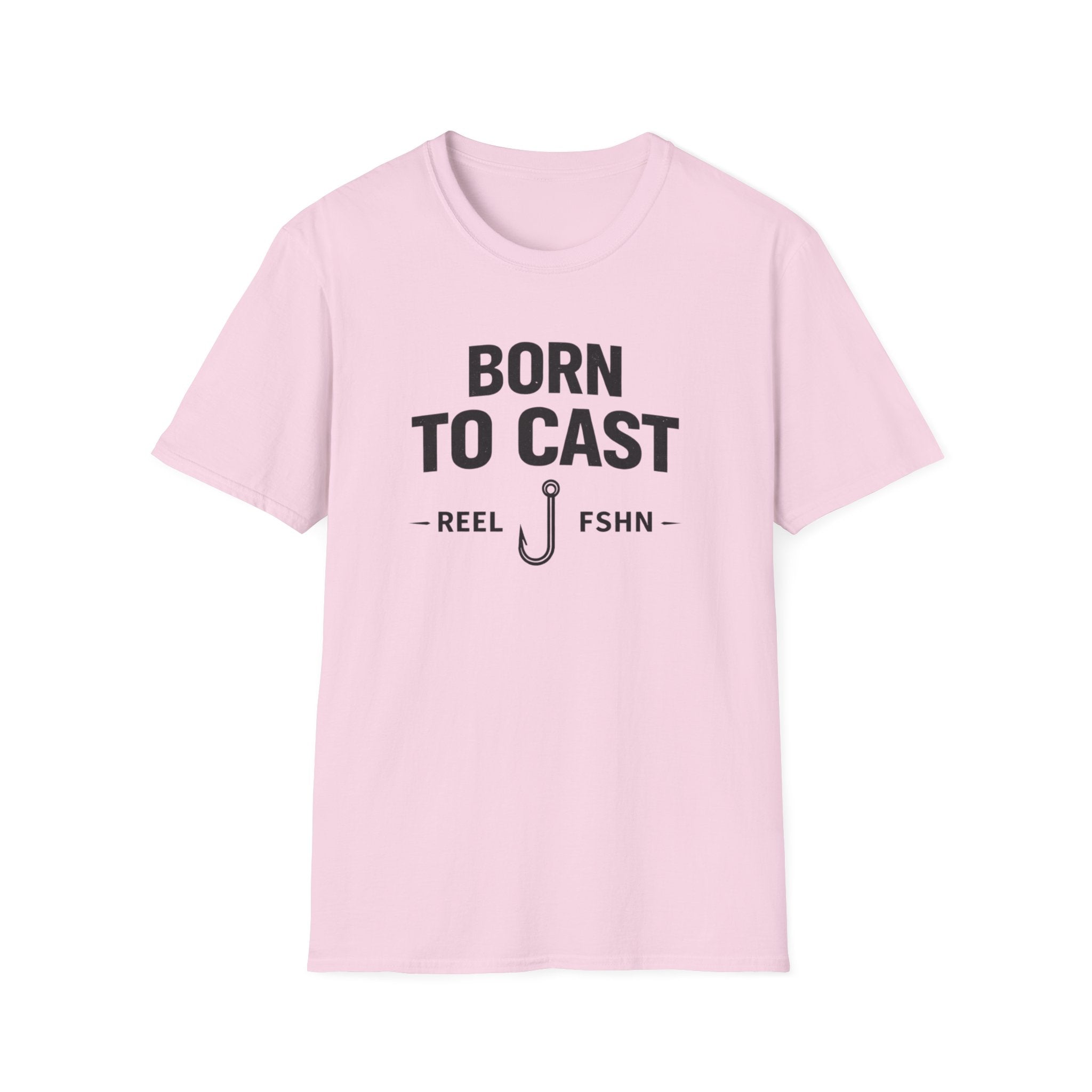 Pink Comfort Colors fishing t-shirt with "BORN TO CAST - REEL J FSHN -" graphic and a fishing hook.
