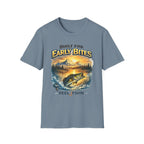 Comfort Colors blue unisex tee with "Built for Early Bites" graphic featuring a bass jumping from a lake at sunrise.