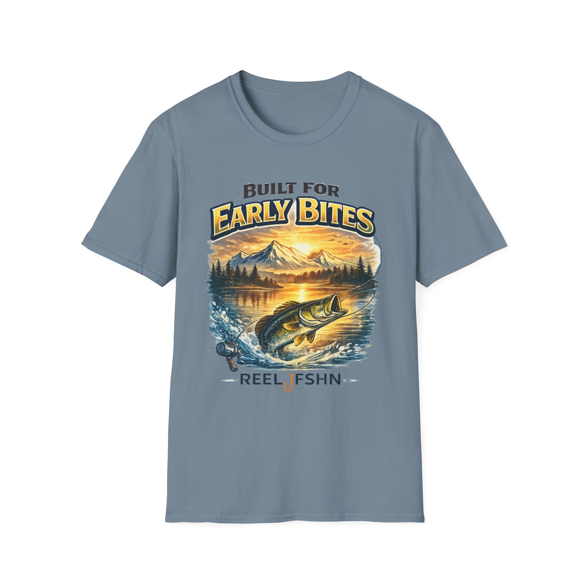 Comfort Colors blue unisex tee with "Built for Early Bites" graphic featuring a bass jumping from a lake at sunrise.