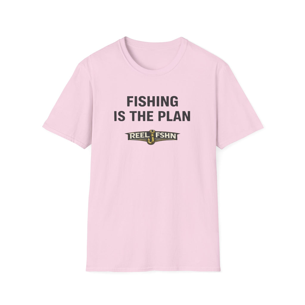 Pink Comfort Colors t-shirt with "FISHING IS THE PLAN" and "REEL FSHN" with a fishing hook graphic.