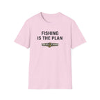 Pink Comfort Colors t-shirt with "FISHING IS THE PLAN" and "REEL FSHN" with a fishing hook graphic.