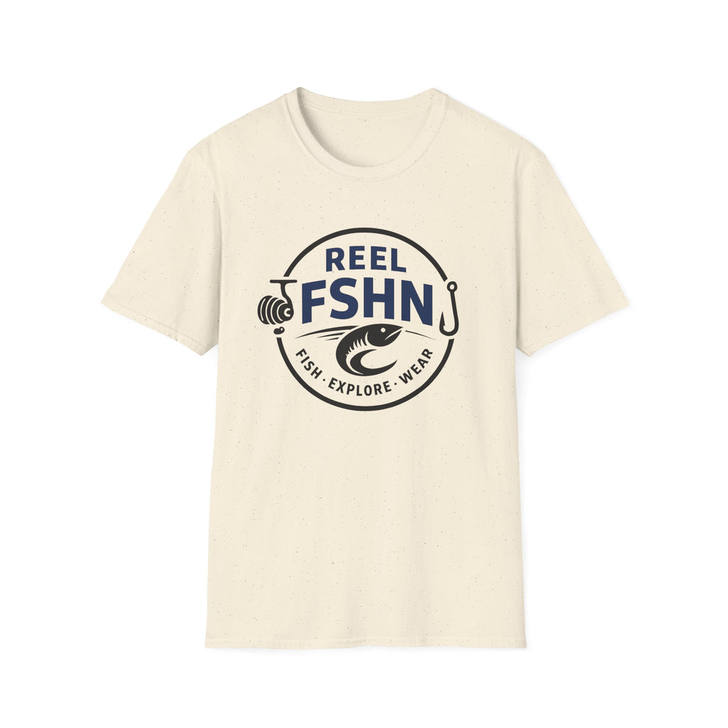 Comfort Colors unisex cream t-shirt with a dark blue "Reel FSHN" fishing logo.