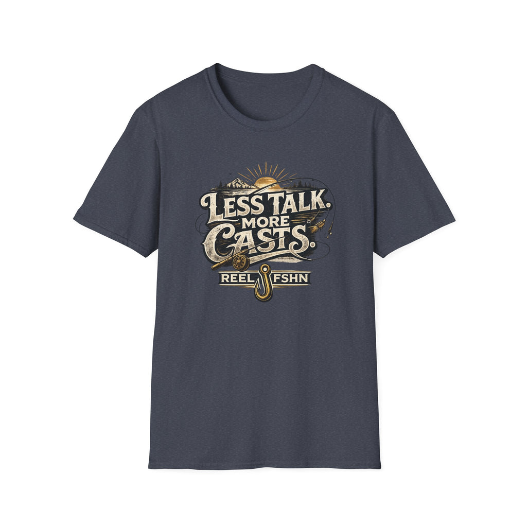 Comfort Colors unisex navy t-shirt with "Less Talk More Casts" fishing graphic and a gold fishing hook.
