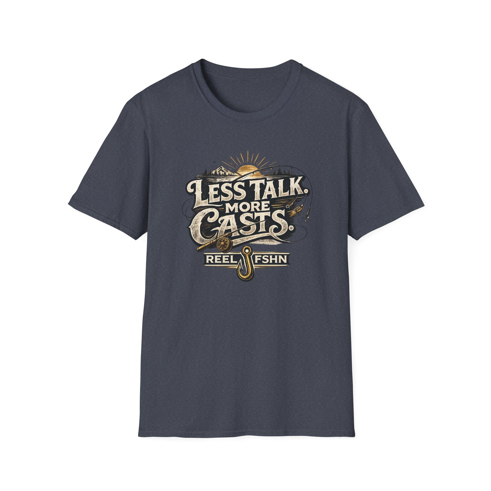 Comfort Colors unisex navy t-shirt with "Less Talk More Casts" fishing graphic and a gold fishing hook.