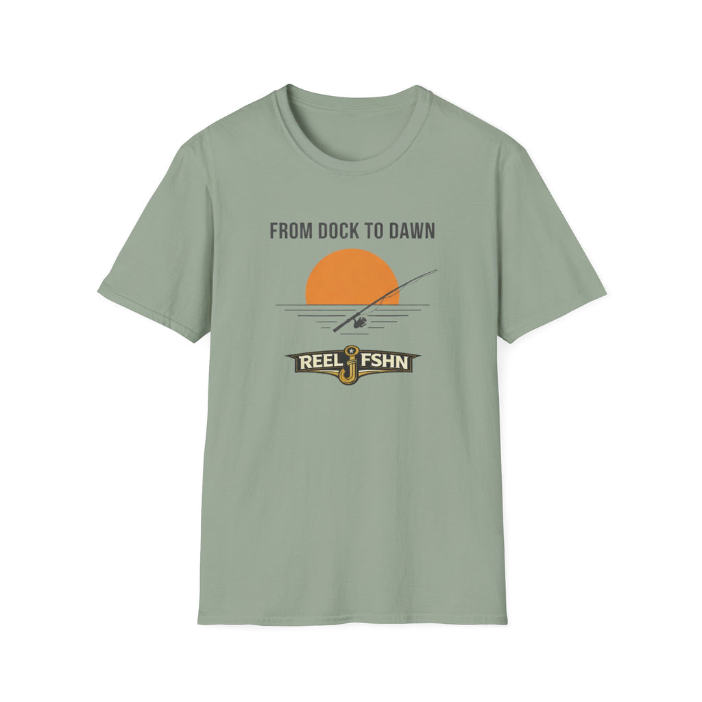 Sage green Comfort Colors t-shirt with "From Dock To Dawn" graphic, featuring a fishing rod, sun, and "REEL FSHN" logo.