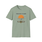 Sage green Comfort Colors t-shirt with "From Dock To Dawn" graphic, featuring a fishing rod, sun, and "REEL FSHN" logo.