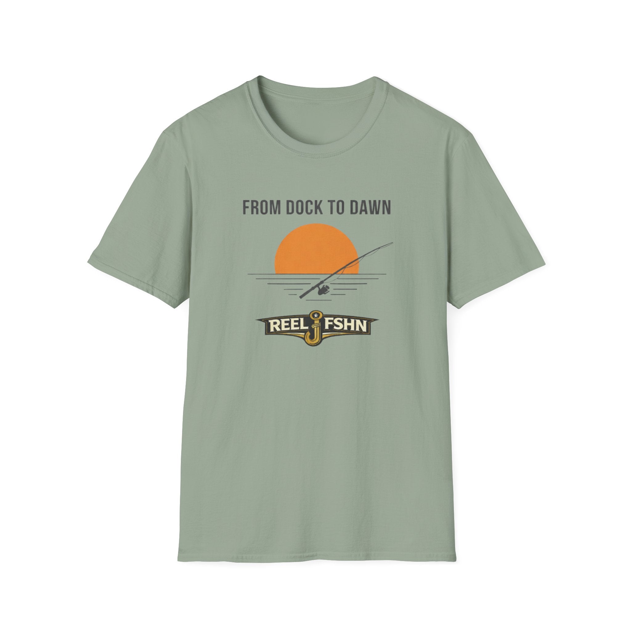 Sage green Comfort Colors t-shirt with "From Dock To Dawn" graphic, featuring a fishing rod, sun, and "REEL FSHN" logo.