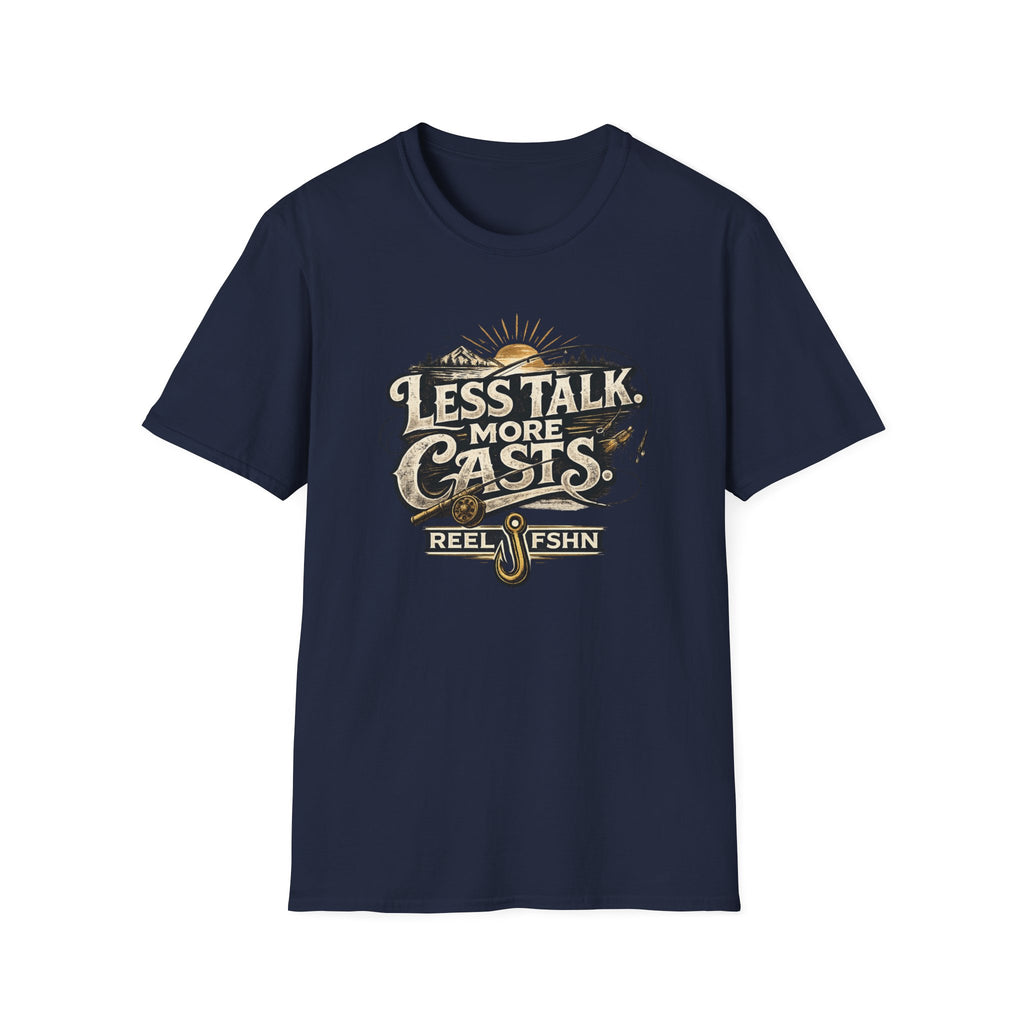 Navy blue Comfort Colors t-shirt with "Less Talk More Casts" fishing graphic and reel design.