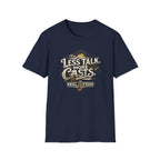 Navy blue Comfort Colors t-shirt with "Less Talk More Casts" fishing graphic and reel design.