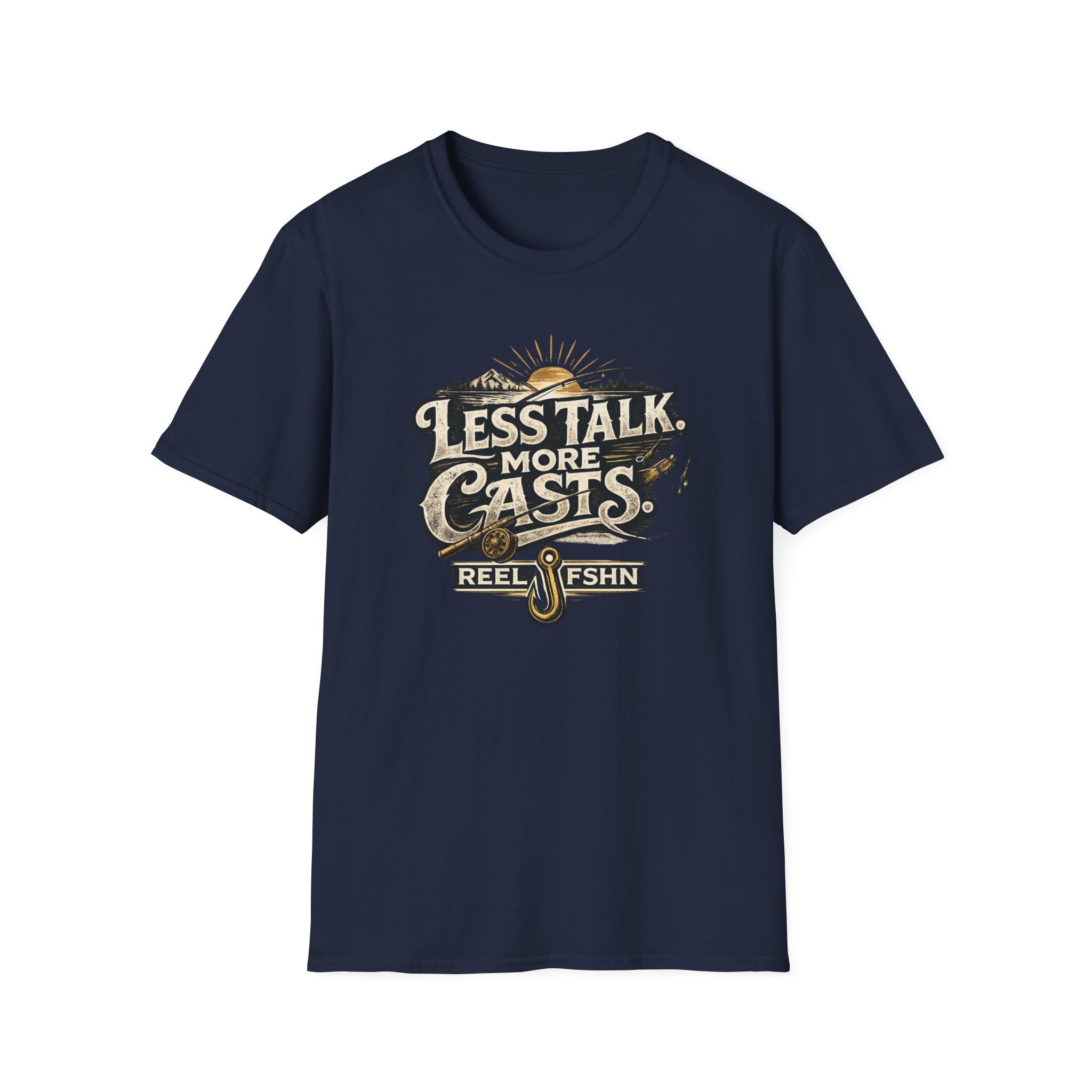 Navy blue Comfort Colors t-shirt with "Less Talk More Casts" fishing graphic and reel design.