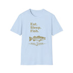 Light blue Comfort Colors cotton t-shirt with "Eat. Sleep. Fish." and a bass graphic in gold.