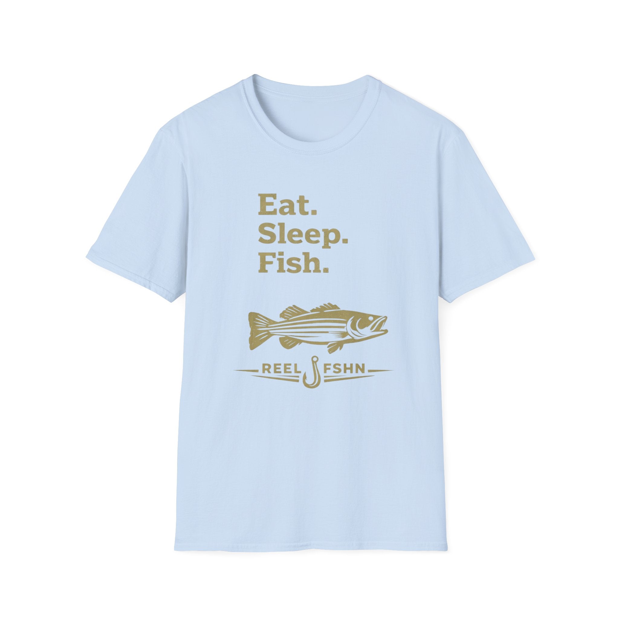Light blue Comfort Colors cotton t-shirt with "Eat. Sleep. Fish." and a bass graphic in gold.