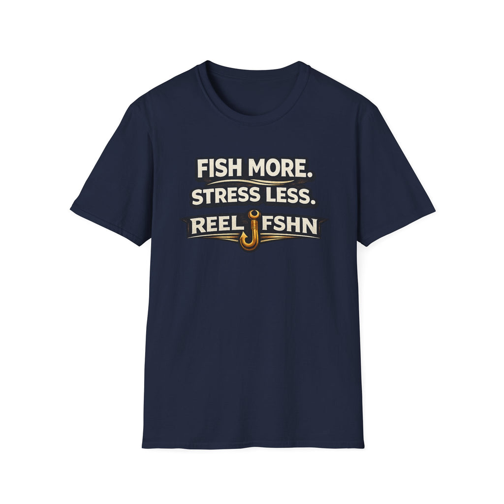 Navy blue Comfort Colors cotton t-shirt with "FISH MORE. STRESS LESS. REEL FSHN" text and a fishing hook graphic.